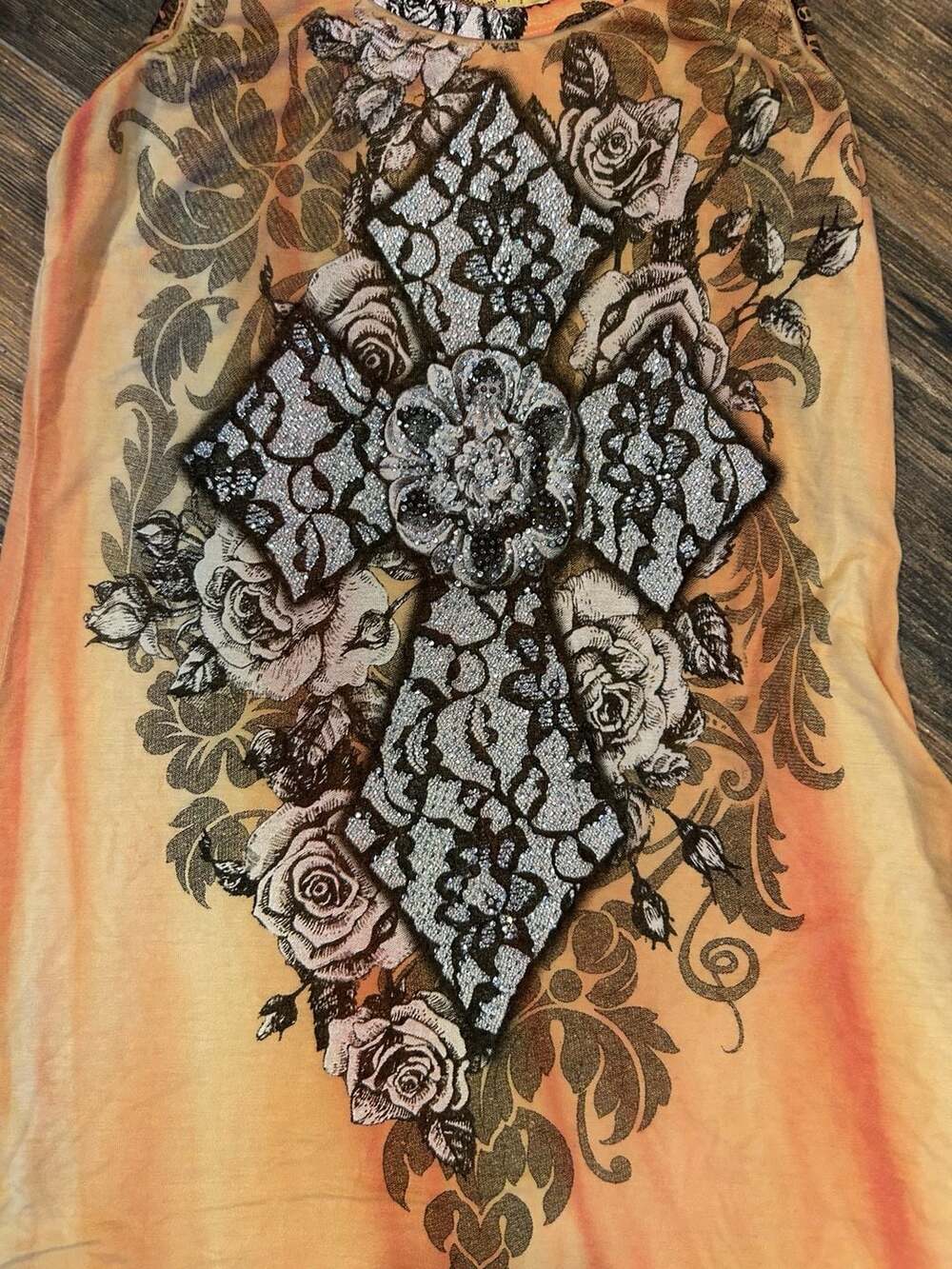 Y2K Vocal Rhinestone Embellished Lace Back Cross Graphic Tank Top - Picture 2 of 8